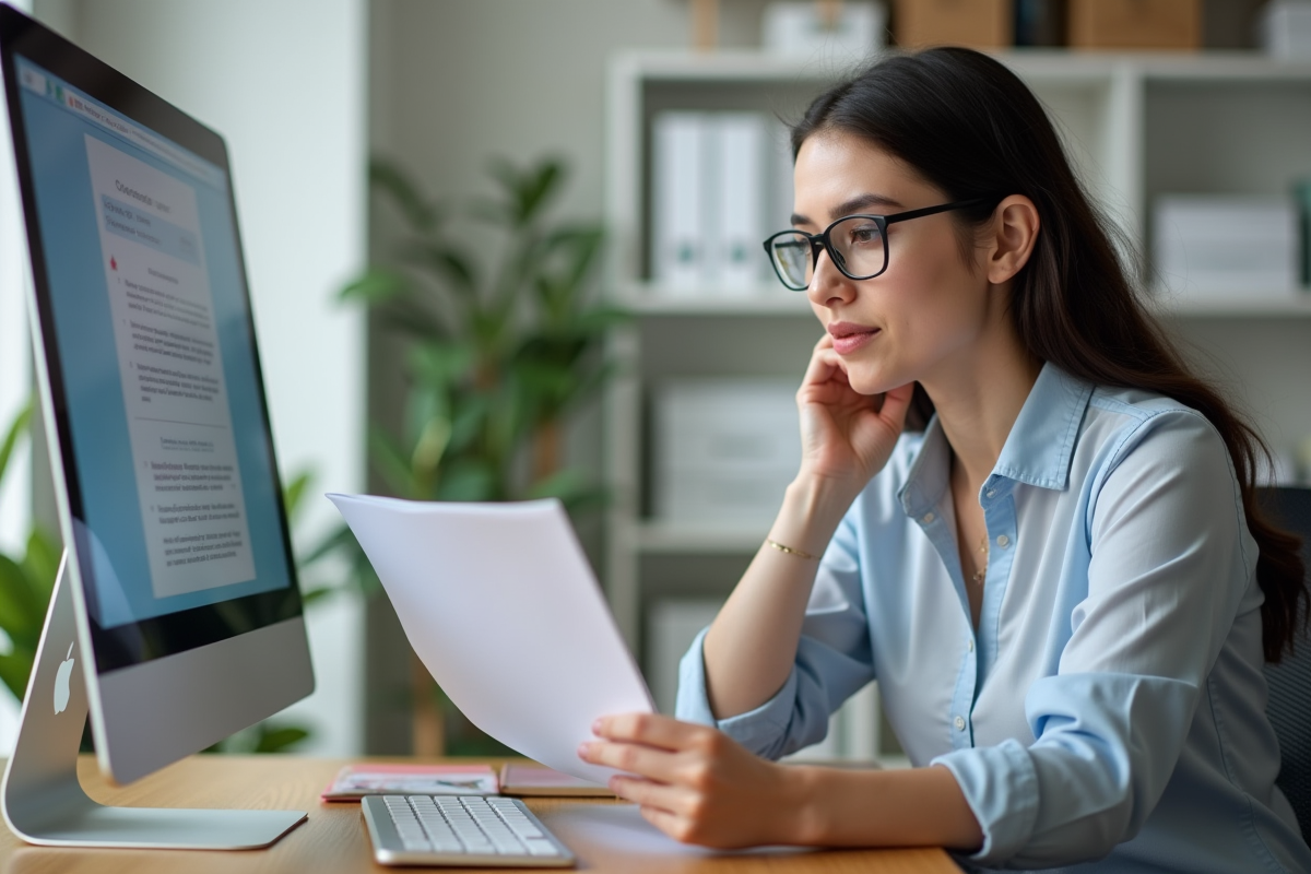 Femme lisant une circulaire sur un ordinateur au bureau