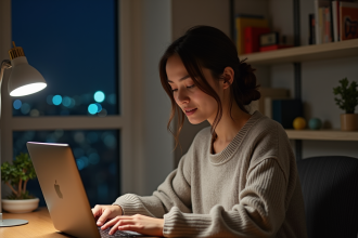 Jeune femme au bureau à la maison travaillant sur son ordinateur