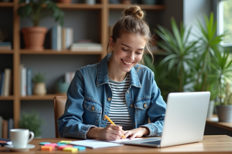 Jeune femme au bureau avec notes et ordinateur