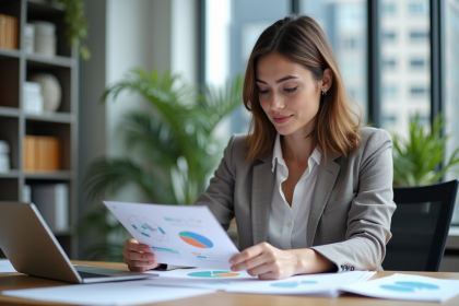 Femme au bureau examinant des notes color&eacute;es et un organigramme