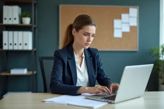 Femme en blazer navy travaillant sur un ordinateur dans un bureau professionnel