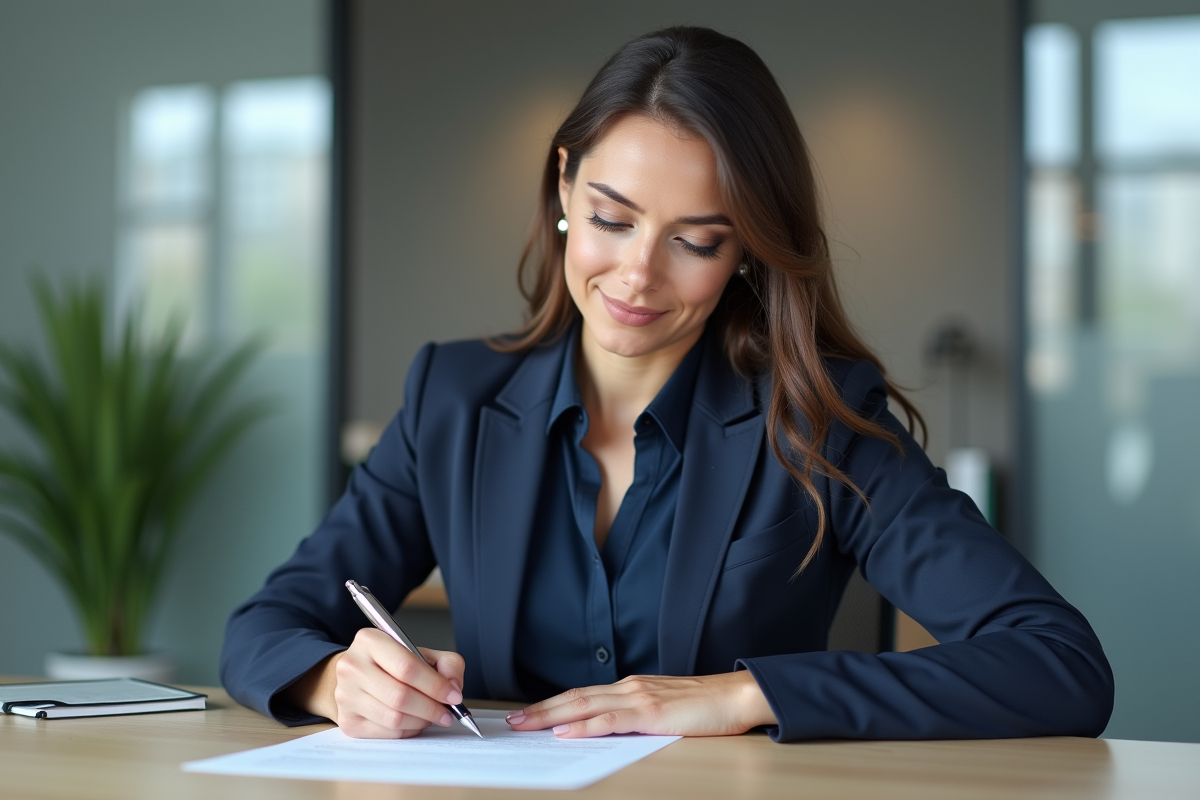 Femme professionnelle signe un document dans un bureau moderne