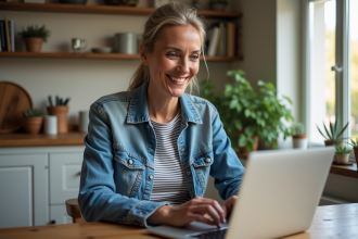 Femme d age moyen travaillant à la maison dans une cuisine chaleureuse