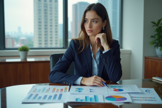 Femme confiante en tailleur navy analysant des graphiques marketing