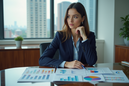 Femme confiante en tailleur navy analysant des graphiques marketing