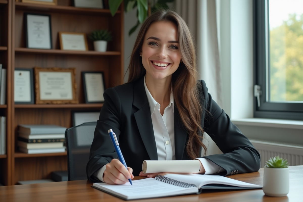 Femme confiante avec diplôme dans un bureau lumineux