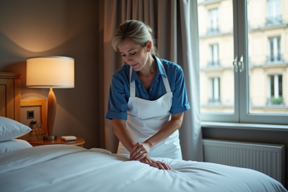 Femme de chambre à l'hôtel à Paris en uniforme bleu