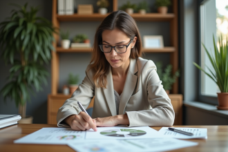 Femme d affaires examine une infographie recyclée au bureau