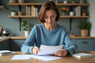 Femme organisée avec documents dans la cuisine