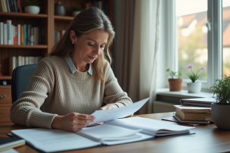 Femme organisée triant des papiers dans son bureau à domicile