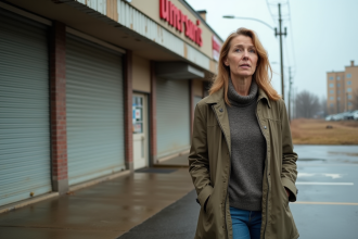 Femme d'âge moyen pensant devant un supermarche abandonné