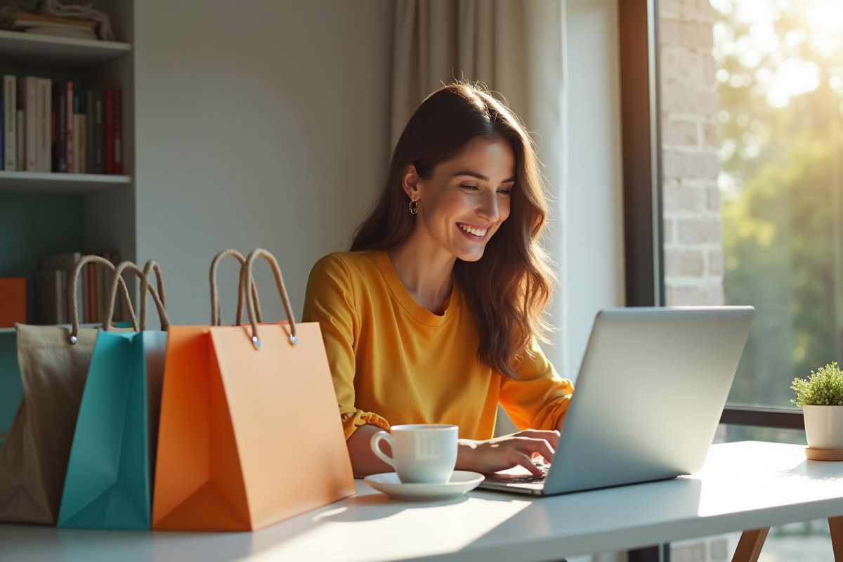 Femme souriante faisant du shopping en ligne dans son bureau