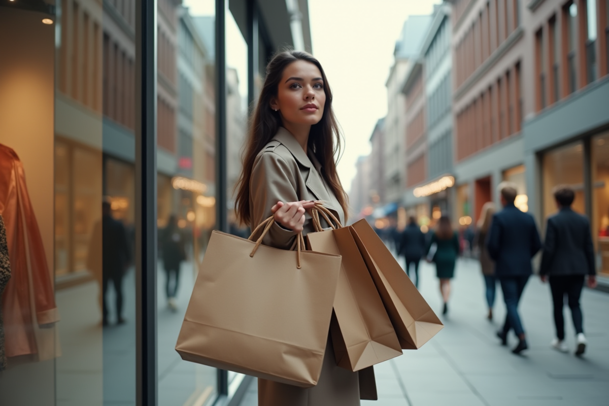 Jeune femme avec sacs de shopping dans une rue animée