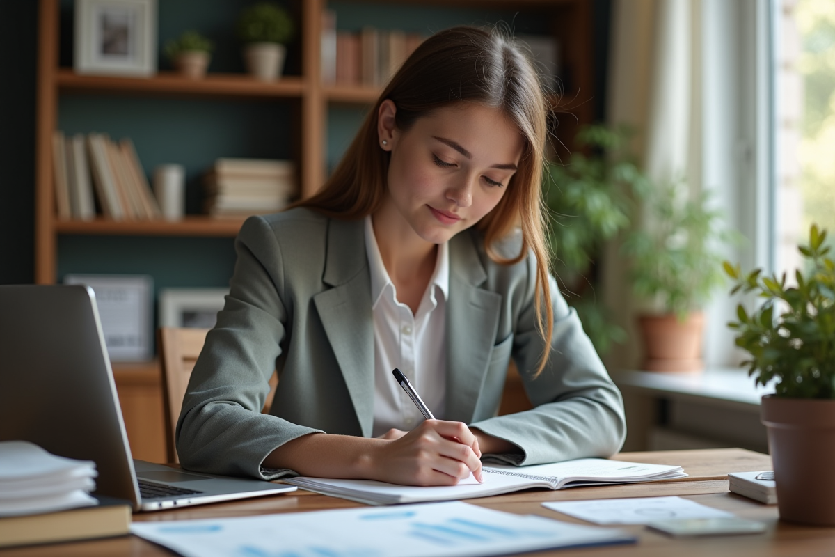 Jeune femme au bureau à domicile en train d'écrire