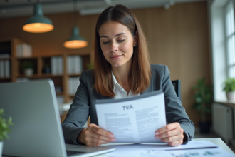Femme d'affaires examinant des documents financiers au bureau