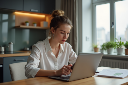 Femme concentrée travaillant sur son ordinateur dans un appartement moderne