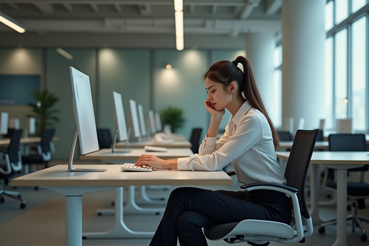 Jeune femme concentrée à son bureau dans un open space