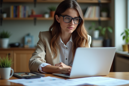 Jeune femme française travaillant sur son ordinateur à la maison