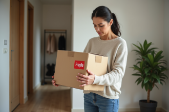 Femme inspectant un colis fragile dans un couloir moderne