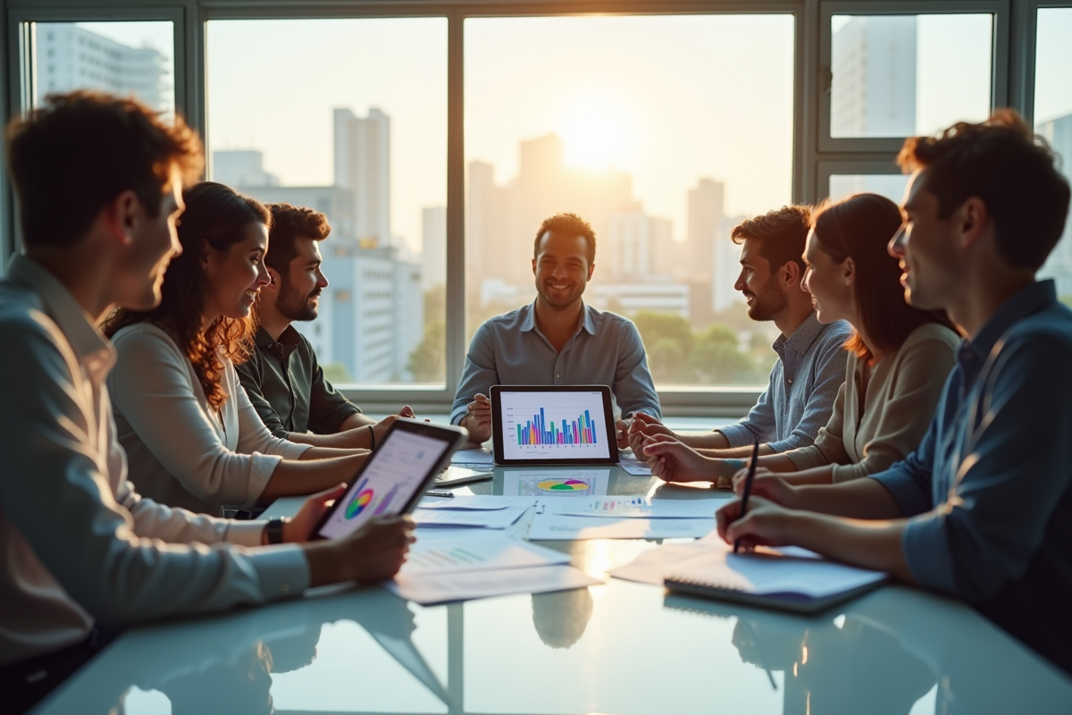 Groupe divers analysant des données de ventes modernes