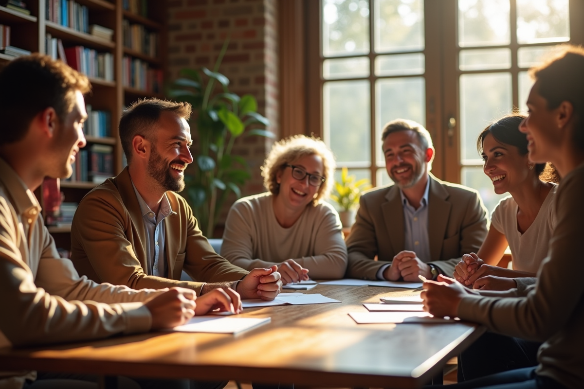 Groupe diversifié discutant autour d'une table ensoleillée