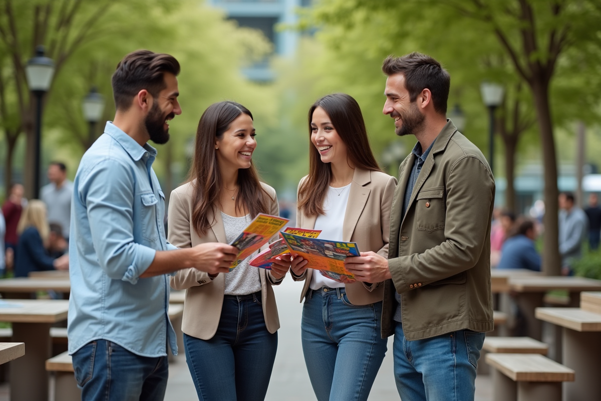 Groupe divers discutant flyers dans un parc urbain