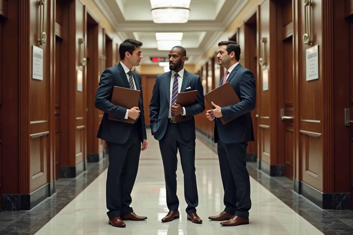 Groupe de personnes discutant dans un couloir officiel