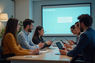 Groupe diversifié dans un bureau lumineux avec smartphones et écran SMS