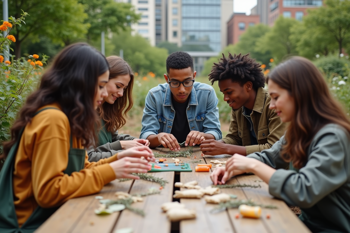 Groupe de jeunes assemble des objets recyclables en extérieur