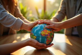 Groupe de personnes main dans la main sur un globe symbolisant la coopération mondiale