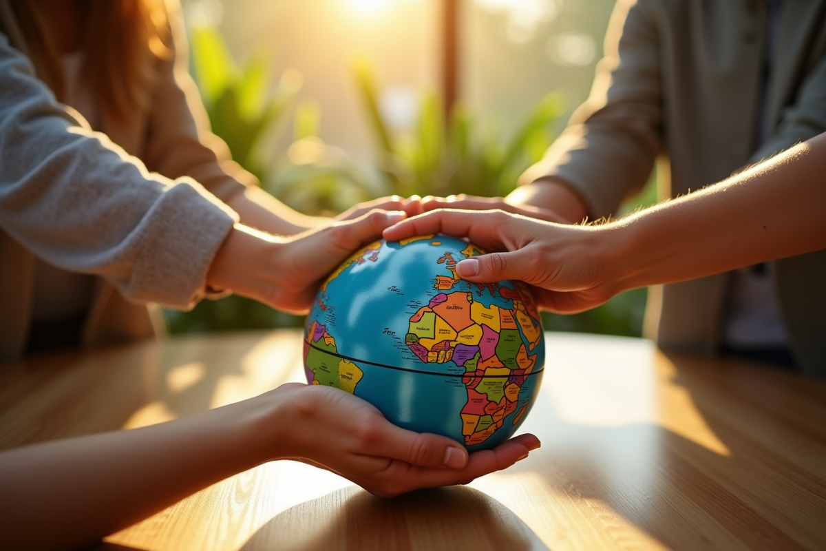 Groupe de personnes main dans la main sur un globe symbolisant la coopération mondiale