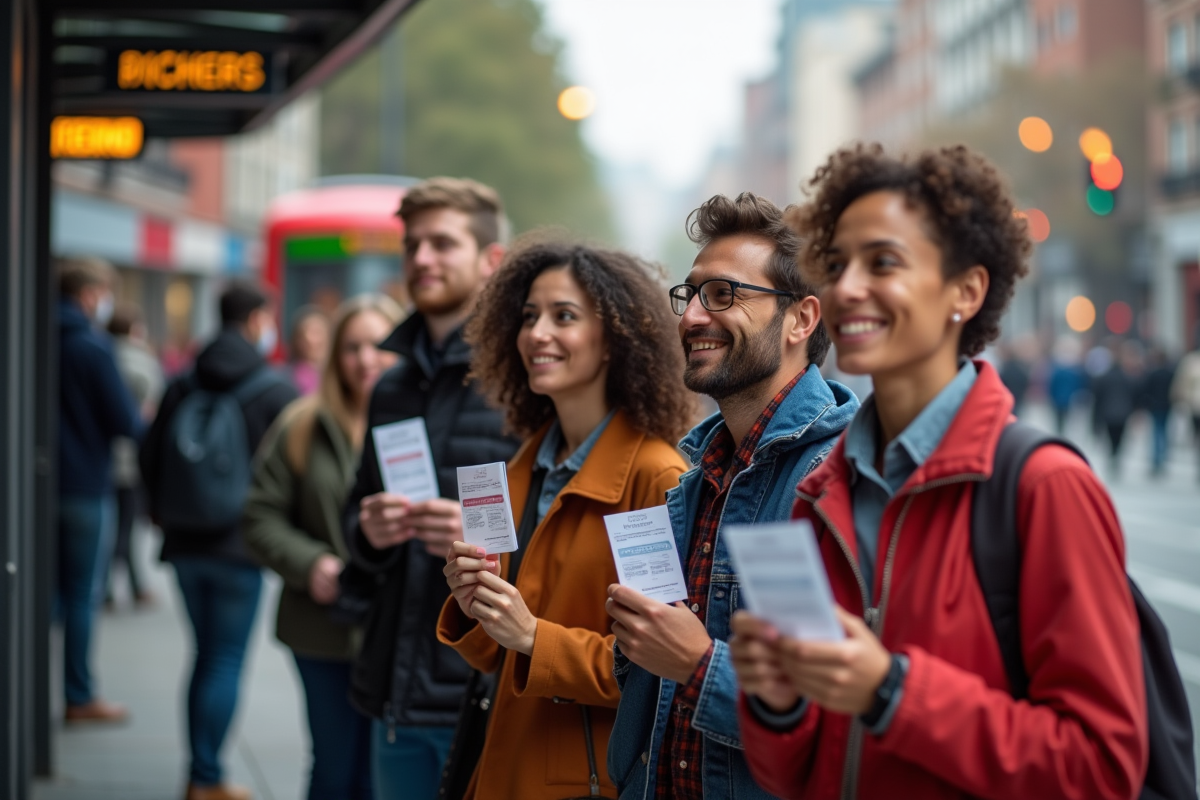 Groupe diversifié attendant à un arrêt de transport avec des tickets
