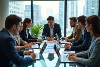 Groupe de professionnels en réunion dans un bureau moderne
