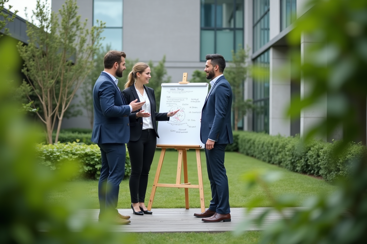 Groupe diversifié en discussion stratégique en extérieur
