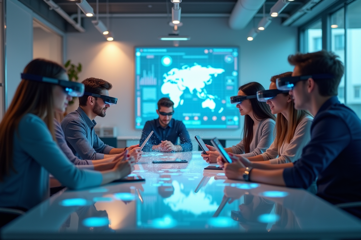 Groupe de jeunes adultes collaborant avec des appareils futuristes