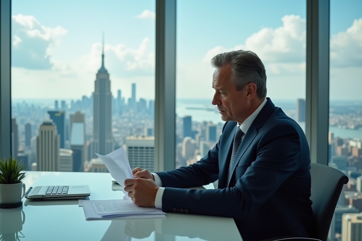Homme d'affaires en costume dans un bureau moderne avec vue sur la ville