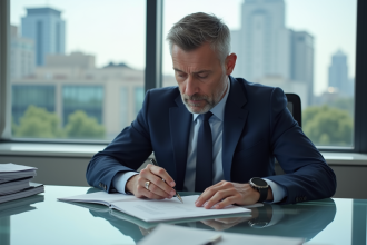 Homme d'affaires en costume bleu lisant des documents