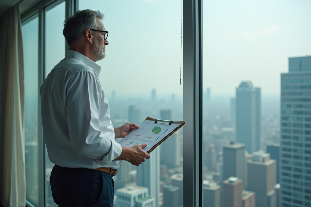 Homme d affaires regardant la ville depuis la fenêtre
