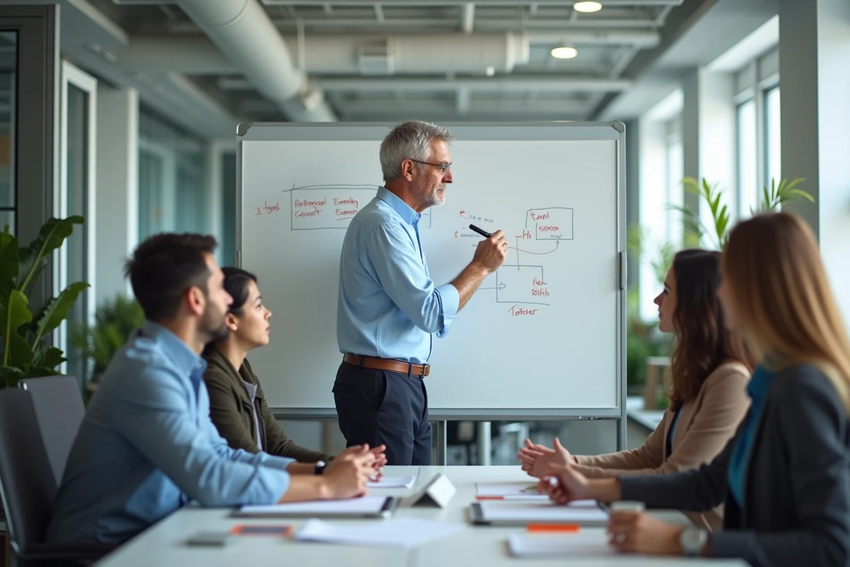 Homme en chemise bleue écrivant sur un whiteboard en réunion d