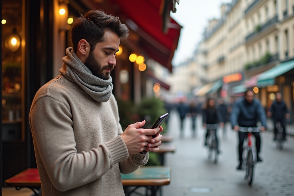 Jeune homme vérifiant annonces dans un café parisien animé