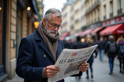Homme parisien lisant le journal dans la rue