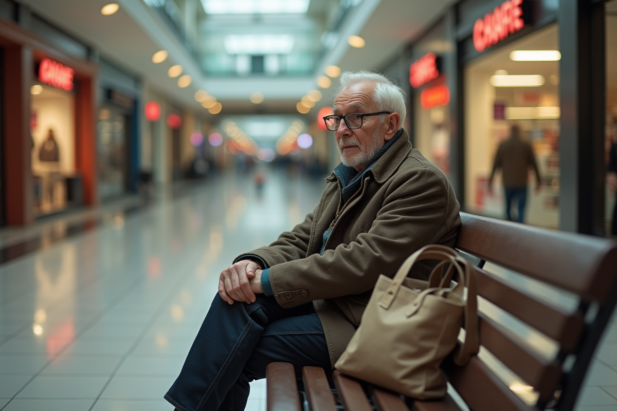 Homme âgé assis seul dans un centre commercial vide