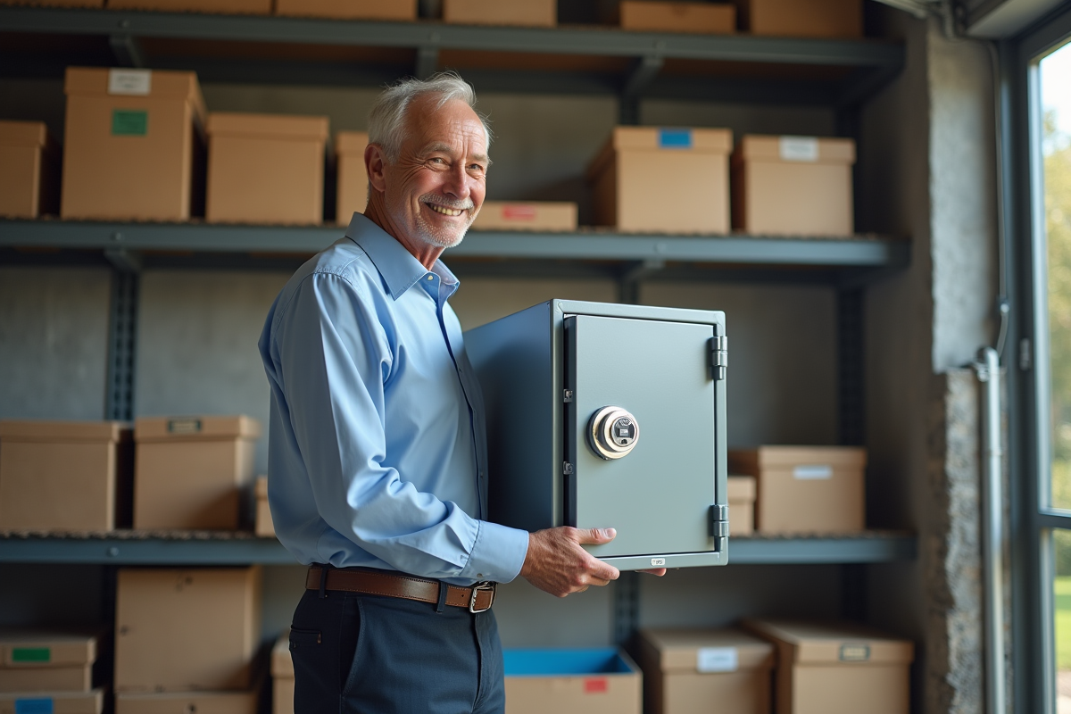 Homme âgé plaçant un coffre-fort à documents dans un garage organisé