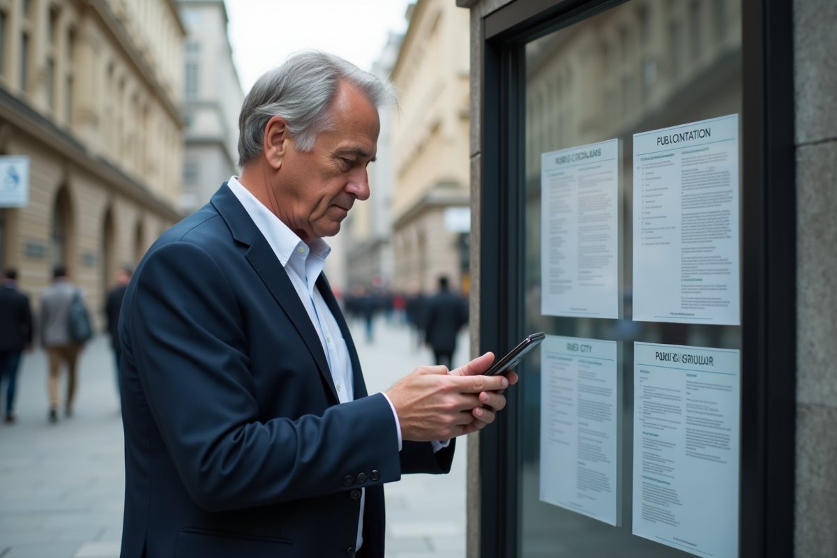 Homme utilisant son smartphone devant un panneau d