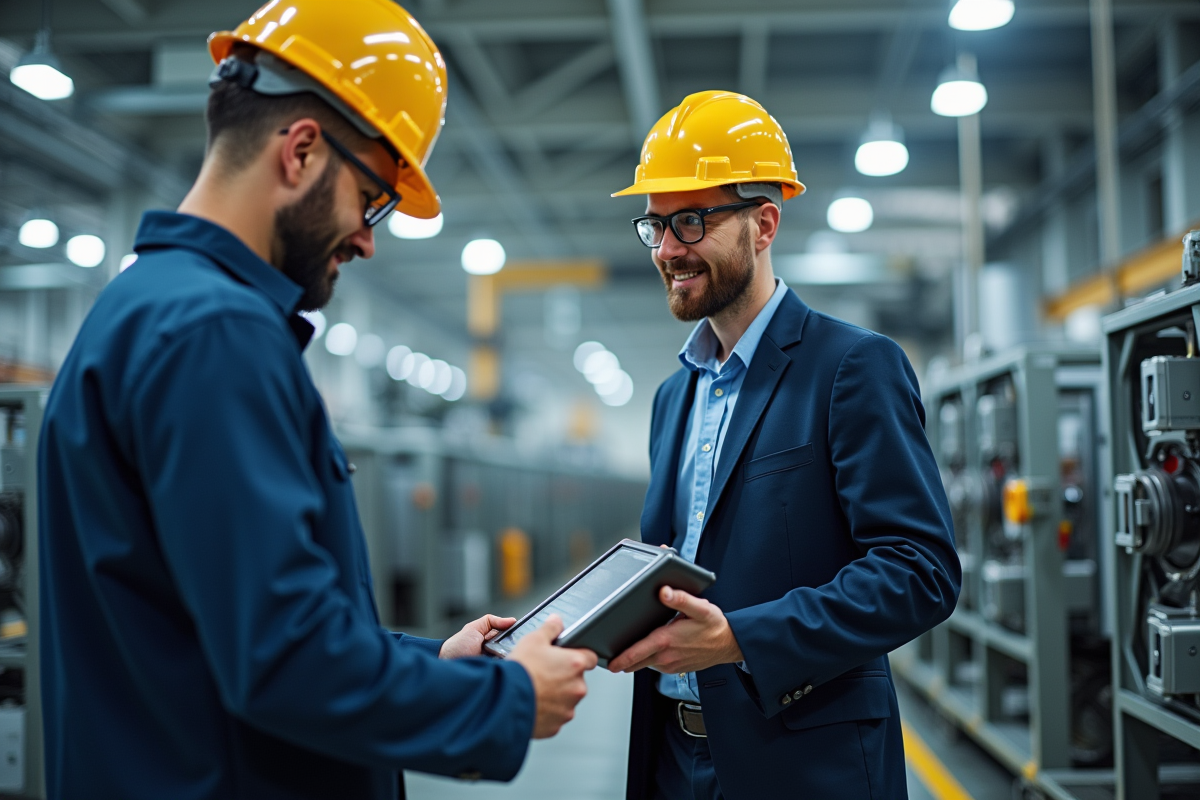 Ouvrier industriel inspectant une machine en équipe