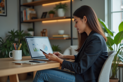 Jeune femme professionnelle au bureau moderne avec ordinateur portable