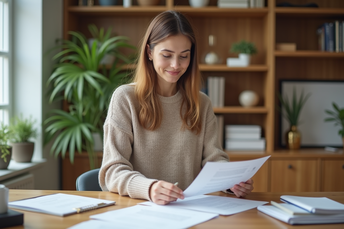 Jeune femme professionnelle organisant des documents dans un bureau moderne