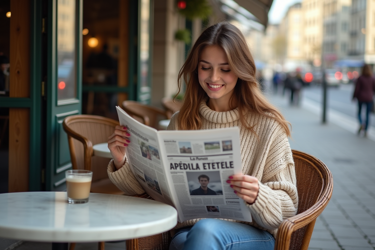 Jeune femme lisant un journal au café en terrasse