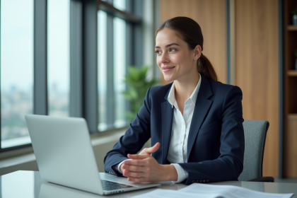 Jeune femme confiante en costume dans un bureau moderne