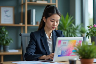 Jeune femme en bureau créant une affiche colorée